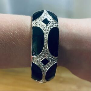 Vintage Black Enamel Rhinestone Clamper Bangle Bracelet Silver Tone